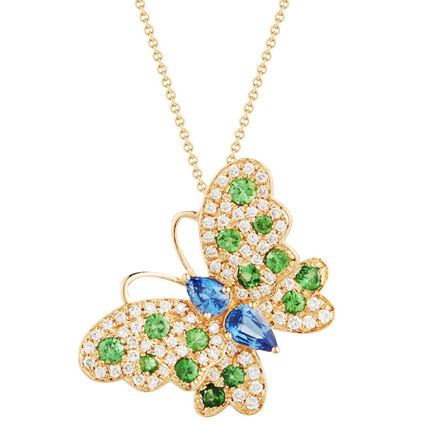 14k Yellow Blue Sapphire Green Garnet Butterfly Necklace With Diamonds