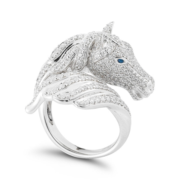 14k White Gold Horse .15 ct tw Pave Diamond Ring with Blue Sapphire