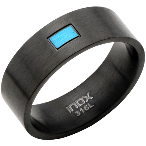 Black Stainless Steel Police Ring with Blue Bar
