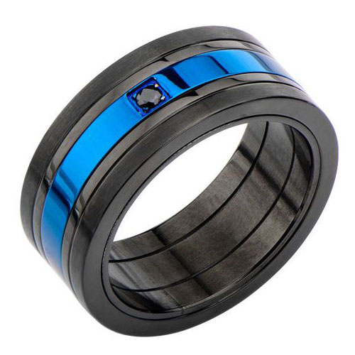 Black and Blue Stainless Steel Police Ring with Black CZ