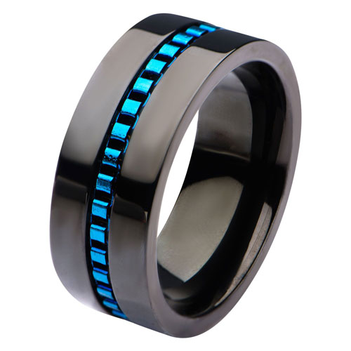 Black Stainless Steel Police Ring with Blue Link