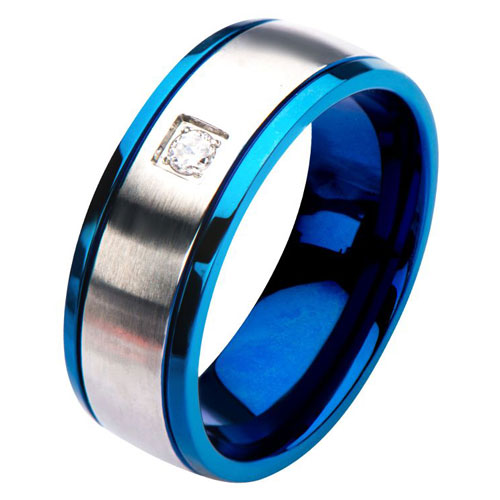 Blue-plated Stainless Steel Police Ring with CZ
