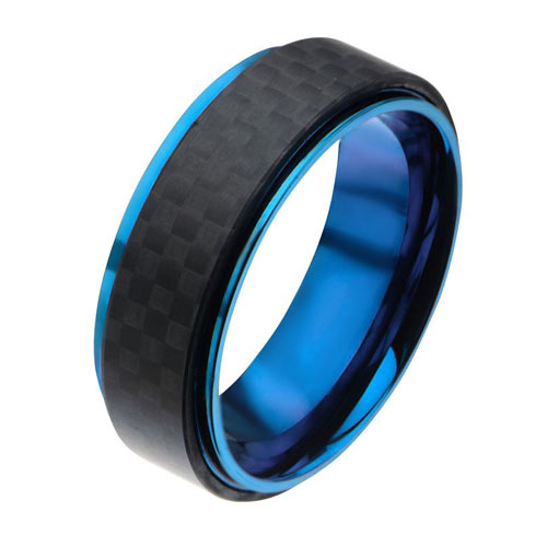 Blue Stainless Steel Police Ring with Carbon Fiber