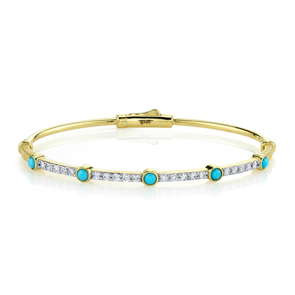 Sloane Street 18k Yellow Gold Bezel Round Turquoise Bangle Bracelet with Diamonds