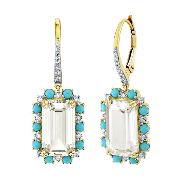 Sloane Street 18k Yellow Gold Emerald Cut White Topaz Earrings With Turquoise And Diamond Halo