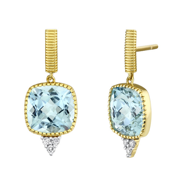 Sloane Street 18k Yellow Gold Bezel Set 7.4 ct Sky Blue Topaz Cushion Earrings With Diamonds