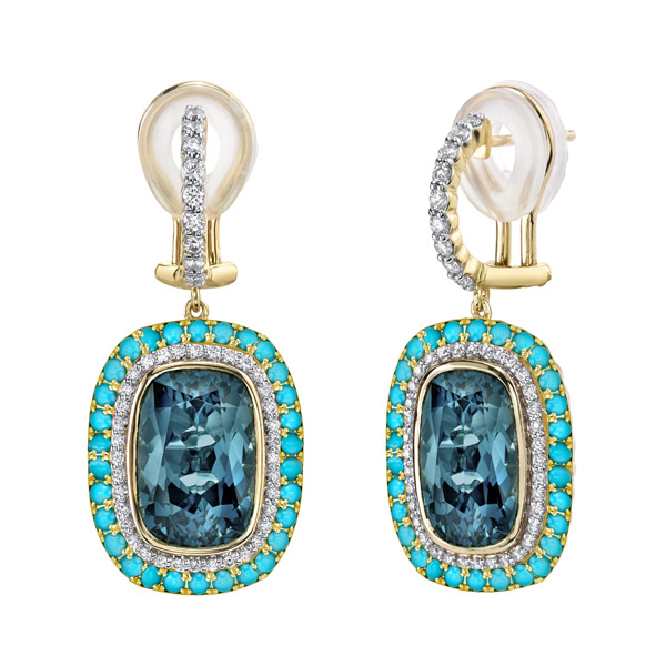 Sloane Street 18k Yellow Gold London Blue Topaz Earrings With Turquoise and White Diamond Halos