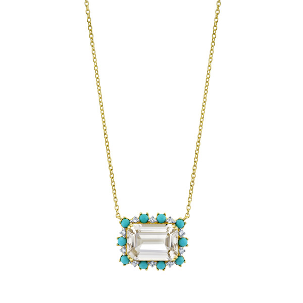 Sloane Street 18k Yellow Gold Emerald Cut White Topaz Necklace With Turquoise And Diamond Halo