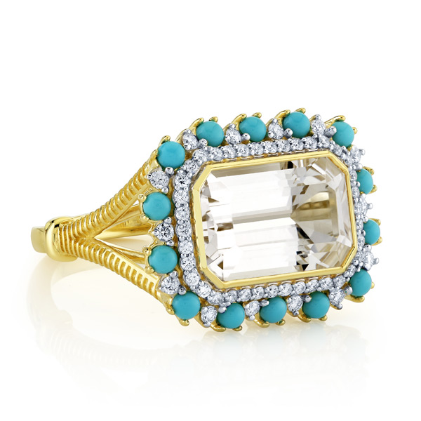 Sloane Street 18k Yellow Gold Emerald Cut White Topaz Ring With Turquoise And Diamond Halo