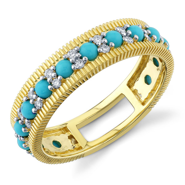 Sloane Street 18k Yellow Gold Turquoise Band with Diamond Accents and Strie Edges
