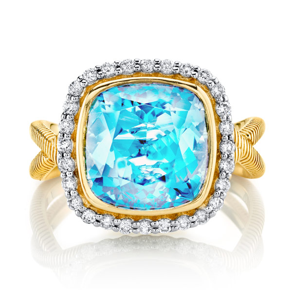 Sloane Street 18k Yellow Gold Sky Blue Topaz Cushion Cut Ring With Diamond Halo and Strie Shank
