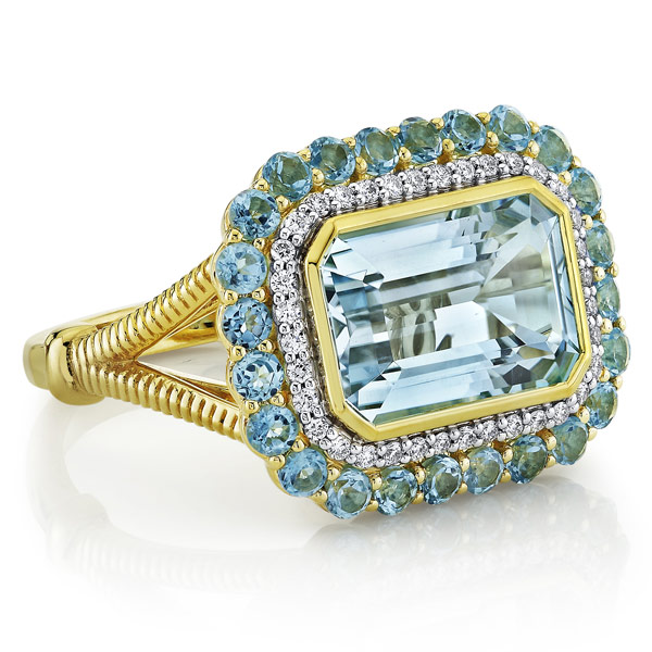 Sloane Street 18k Yellow Gold Blue Topaz Ring With Swiss Blue Topaz And Diamond Halo