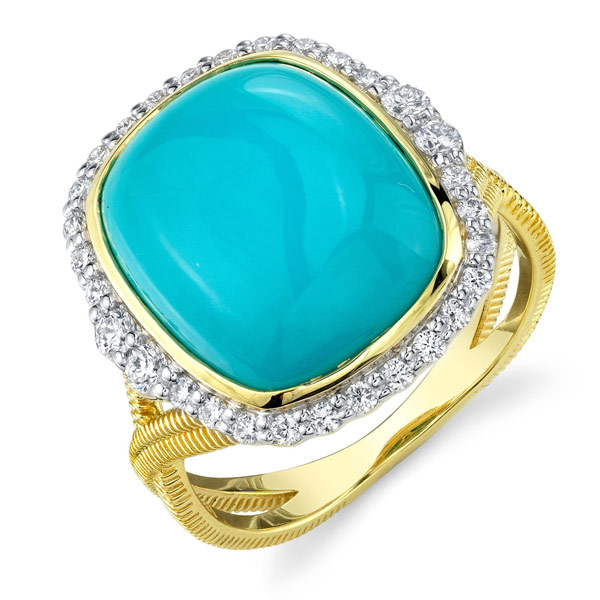 Sloane Street 18k Yellow Gold Turquoise Ring With Diamond Halo And Strie Criss-Cross Shank