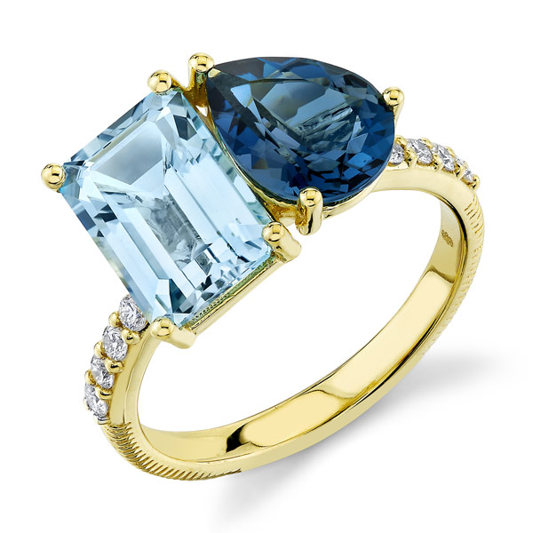 Sloane Street 18k Yellow Gold Toi et Moi Pear and Emerald Cut Blue Topaz Two-Stone Ring with Diamonds