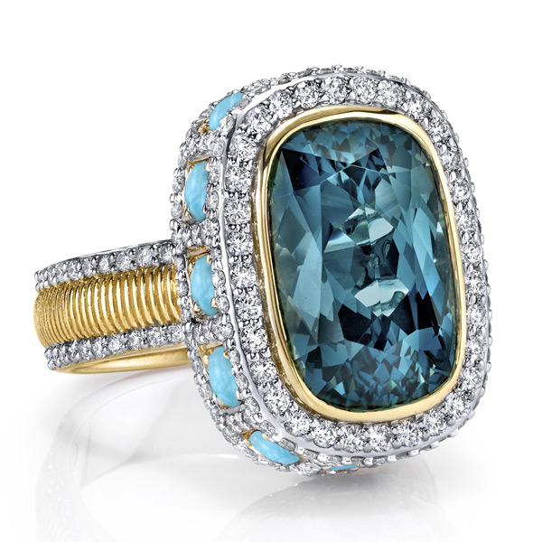 Sloane Street 18k Yellow Gold London Blue Topaz Ring With Turquoise Edge And Diamonds