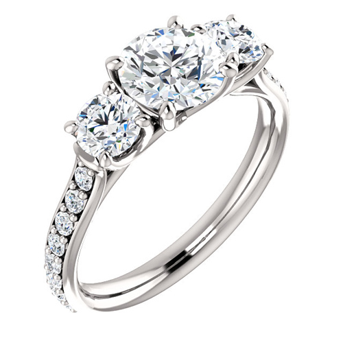Platinum 1.6 ct Forever One Moissanite 3-Stone Ring with Diamonds
