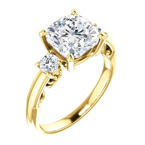 2.68 ct Forever One 3-Stone Cushion Moissanite Ring 14k Yellow Gold