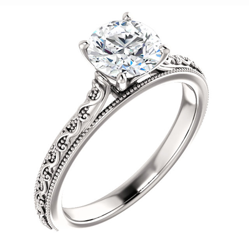 14kt White Gold 1 ct Forever One Moissanite Scroll and Milgrain Ring