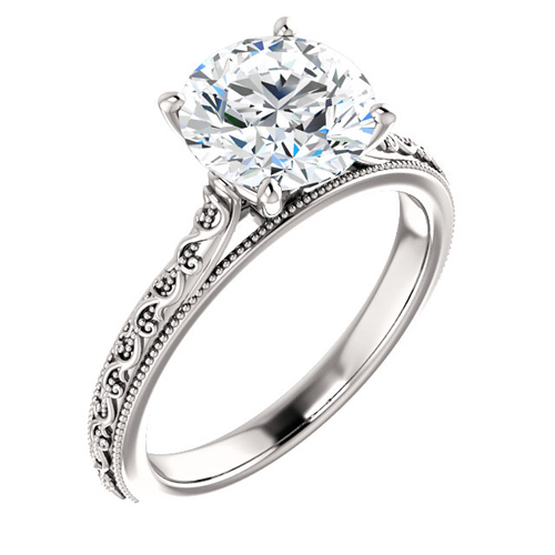 14kt White Gold 2 ct Forever One Moissanite Scroll and Milgrain Ring