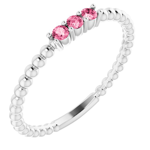 14k White Gold Pink Tourmaline Beaded Stackable Ring