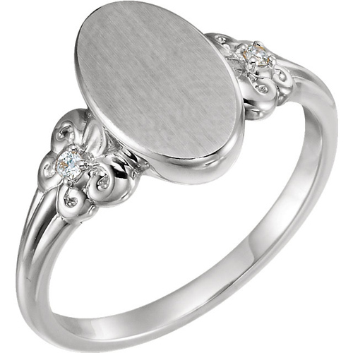14kt White Gold Fleur-de-lis Signet Ring with Diamonds
