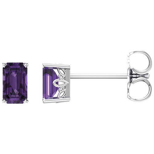 14kt White Gold 1/2 ct Emerald-cut Amethyst Scroll Stud Earrings