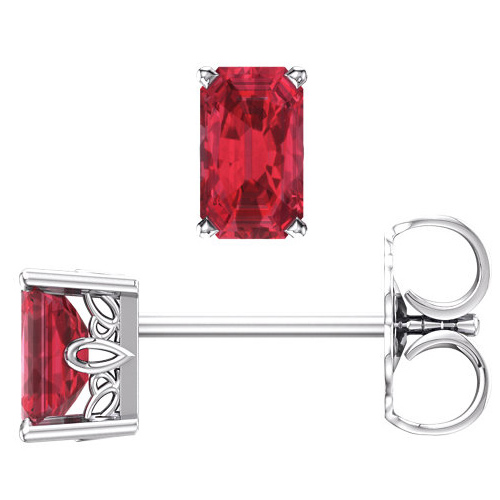 14kt White Gold 3/4 ct Emerald-cut Created Ruby Scroll Stud Earrings