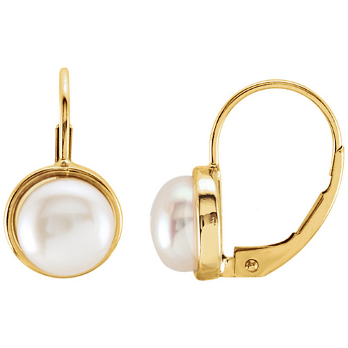 14kt Yelllow Gold 7.5mm Freshwater Cultured Pearl Leverback Earrings
