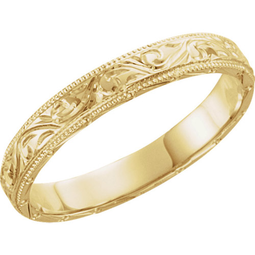 14k Yellow Gold 3mm Hand Engraved Vine Leaf Wedding Band