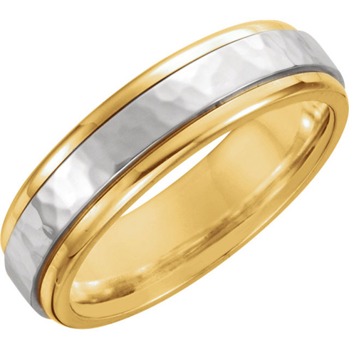 6mm 18k Yellow Gold and Platinum Hammered Band