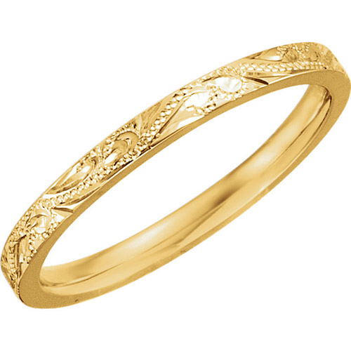 14k Yellow Gold 2mm Hand Engraved Floral Wedding Band Comfort Fit
