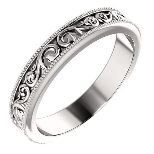 Platinum Sculpted Scroll Design Wedding Band 4mm
