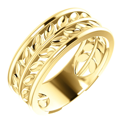 14k Yellow Gold Leaf Wedding Band 7mm