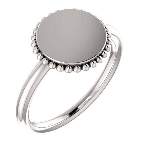 14k White Gold Ladies' Round Signet Ring with Bead Border