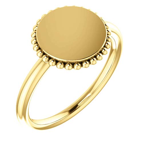 14k Yellow Gold Ladies' Round Signet Ring with Bead Border