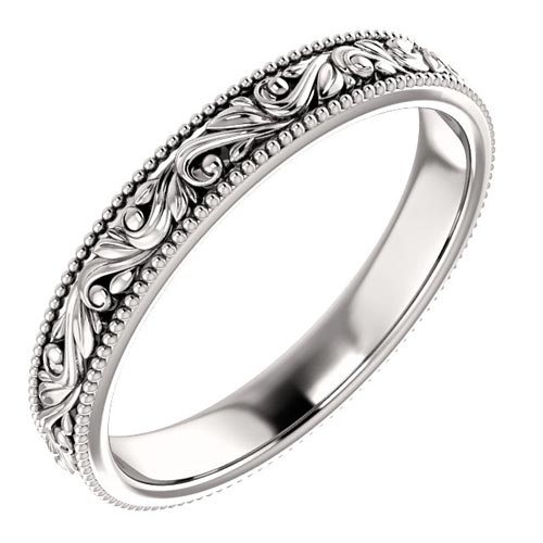 Platinum 3mm Floral Wedding Band with Beaded Edge