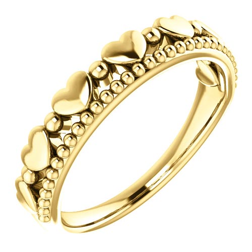 14k Yellow Gold Stackable Beaded Heart Ring