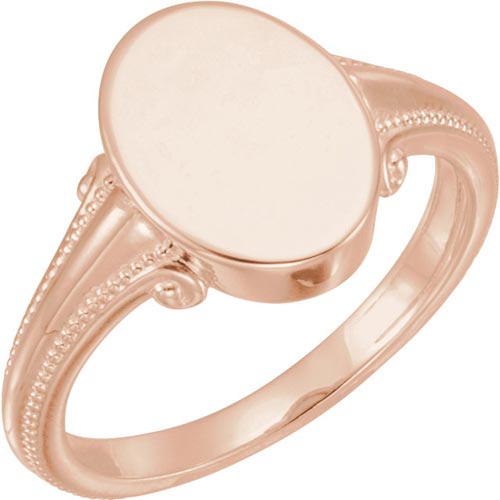 14k Rose Gold Fancy Oval Signet Ring with Bead Accents