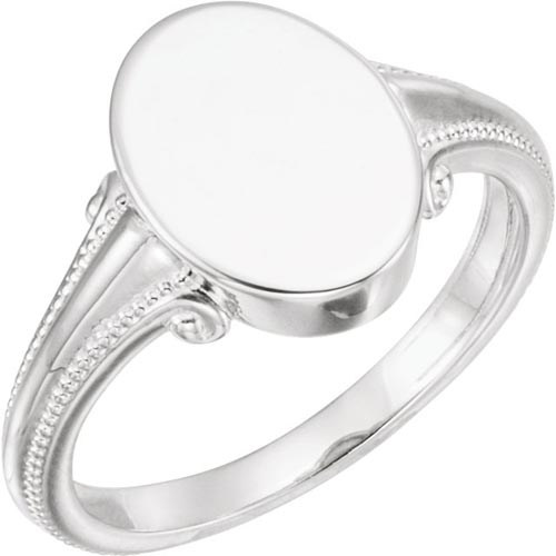 14k White Gold Fancy Oval Signet Ring with Bead Accents