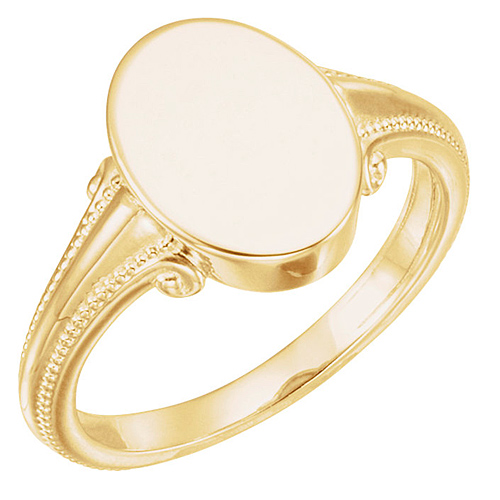 14k Yellow Gold Fancy Oval Signet Ring with Bead Accents