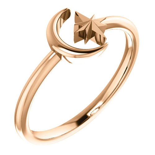 14k Rose Gold Crescent Moon and Star Ring