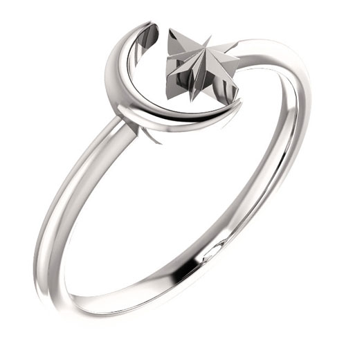 14k White Gold Crescent Moon and Star Ring