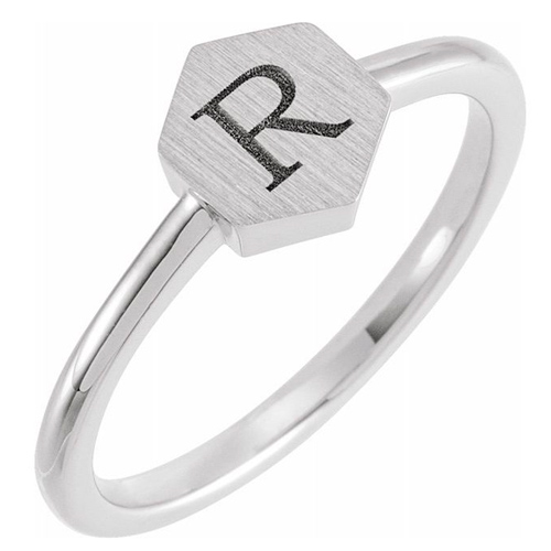 14k White Gold Hexagon Signet Initial Ring