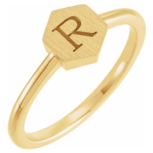 14k Yellow Gold Hexagon Signet Initial Ring