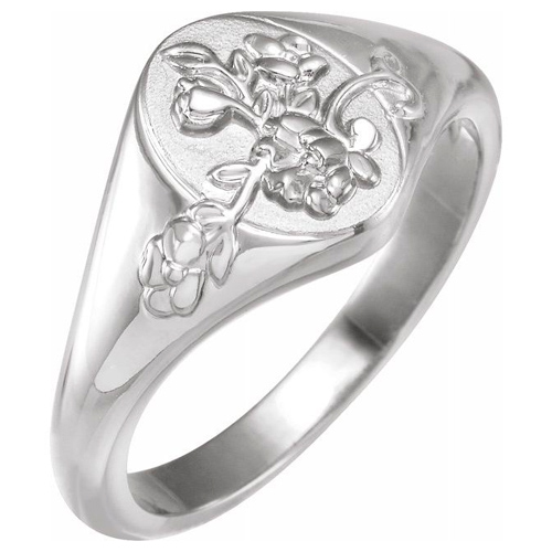 14k White Gold Oval Floral Signet Ring