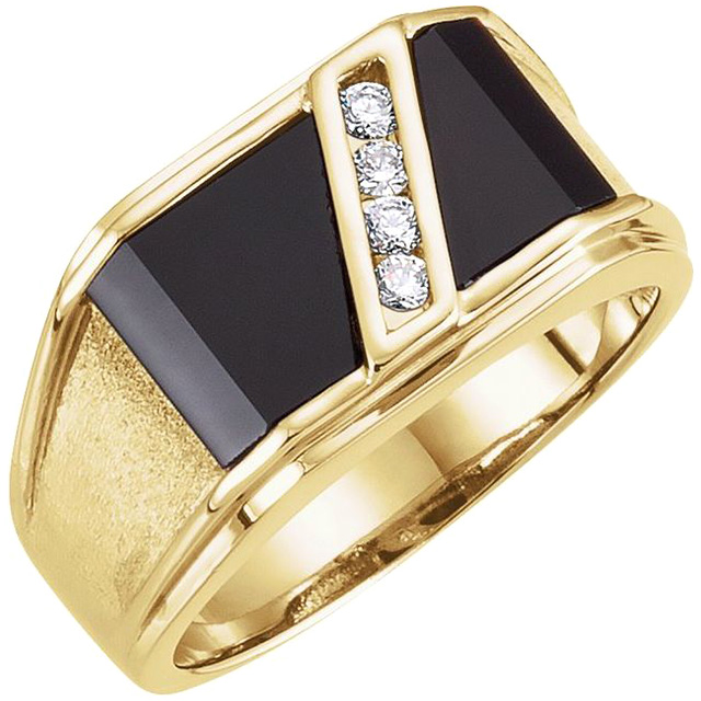 14k Yellow Gold Men's Onyx and 1/8 ct tw Diamond Ring