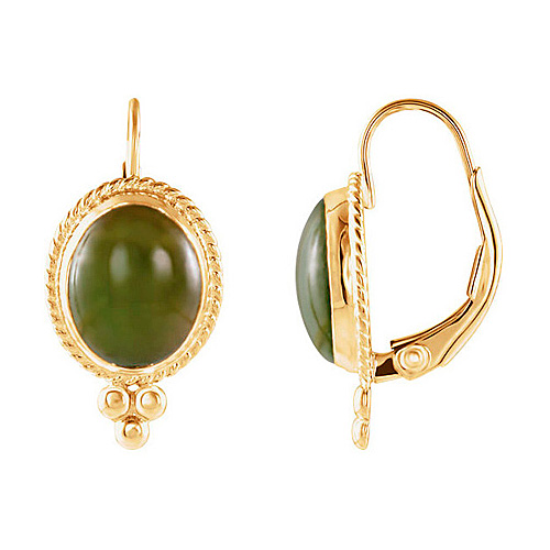 14K Yellow Gold Nephrite Jade Cabochon Leverback Earrings