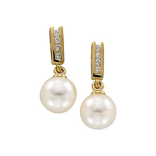14kt Yellow Gold 7.5mm Akoya Cultured Pearl Diamond Drop Earrings