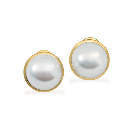 18kt Yellow Gold 12mm Button South Sea Pearl Omega Earrings
