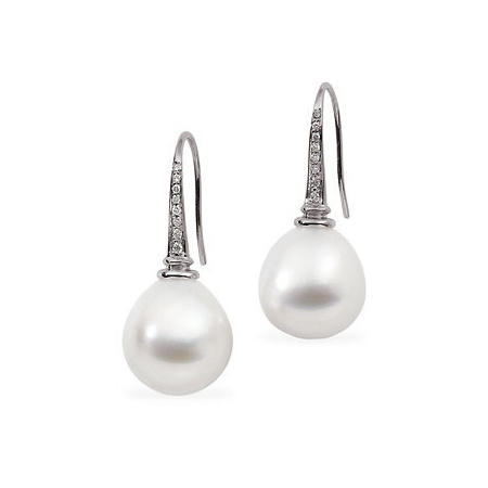 18kt White Gold Diamond Drop Cultured South Sea Pearl Earrings